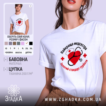 Футболка медсестра золотий стандарт, біла, на моделі, принт з серцем, бренд Згадка.