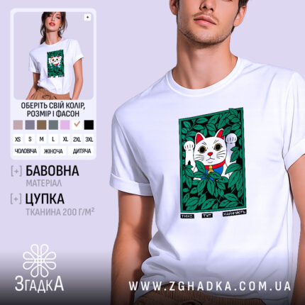 Футболка тихо тут кайфують з котиком, біла, на моделі, принт з котом,.