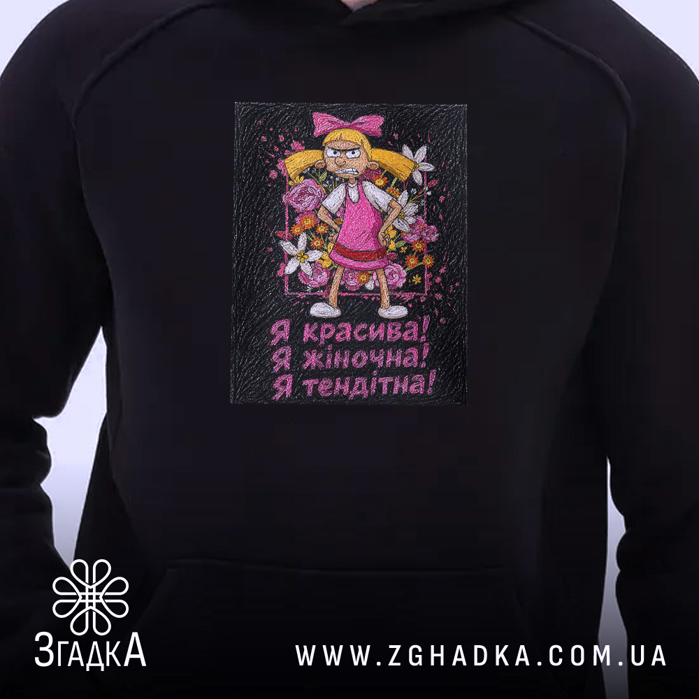 Худі для красивої та тендітної, чорний колір, близький план, принт з дівчиною,.