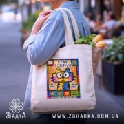Шопер Будь на позитиві, бежевий, на плечі, з продуктами, бренд Згадка.