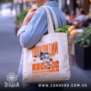 Шопер відкритий космос, бежевий, в руках, з продуктами, бренд Згадка.
