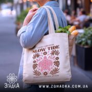 Шопер злови свій ритм, бежевий, на вулиці, з продуктами, принт черепахи, бренд.