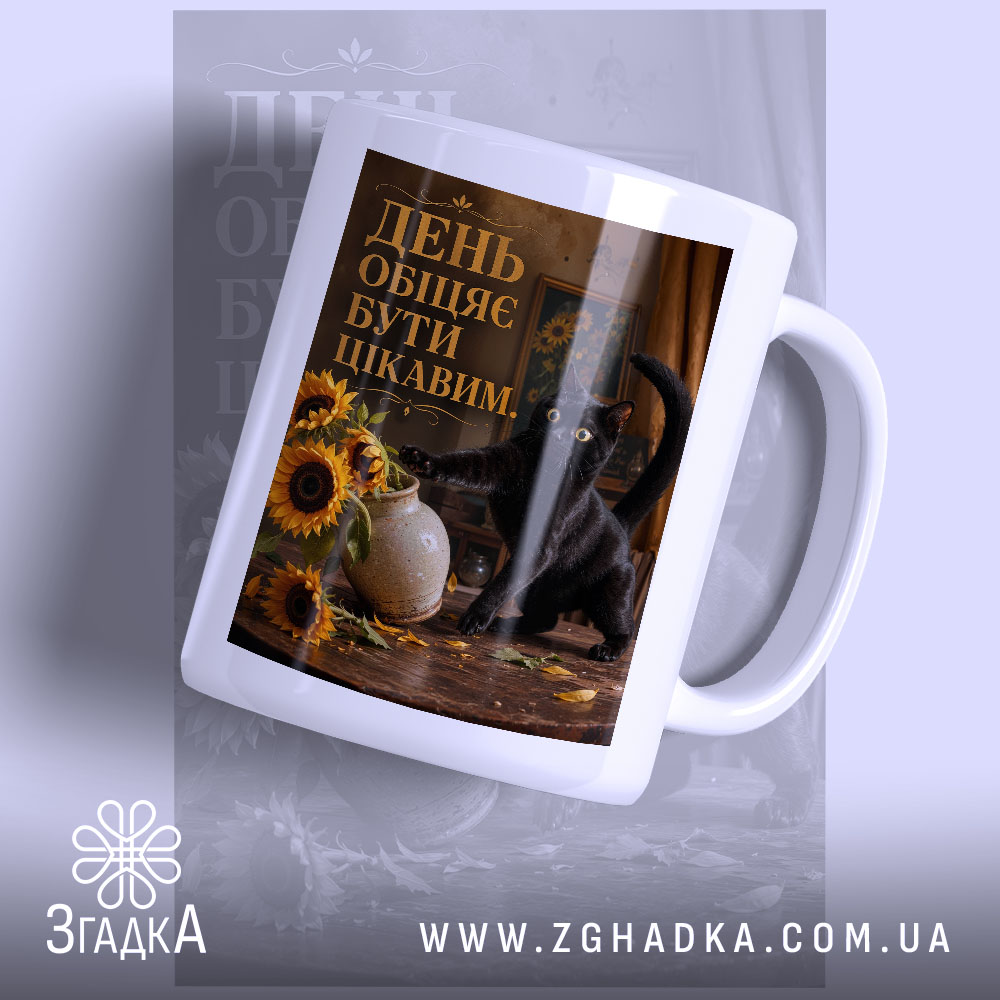 Чашка день обіцяє бути цікавим, біла чашка з принтом кота, бренд Згадка.