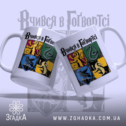 Чашка магістр магічних наук, два ракурси, яскраві герби, бренд Згадка.
