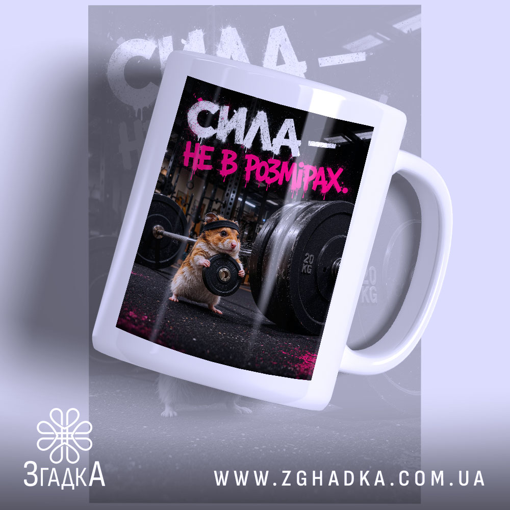 Чашка сила не в розмірах 1 Чашка сила не в розмірах, біла з принтом хом'ячка, бренд Згадка.