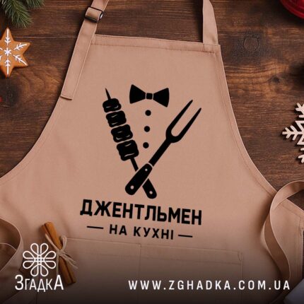 Фартух джентельмен на кухні, бежевий на дерев'яному фоні, бренд Згадка.
