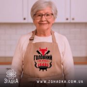 Фартух головний по мʼясу, бежевий, на жінці з сивим волоссям, бренд Згадка.