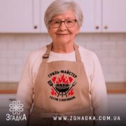 Фартух гриль майстер бежевий, на жінці в кухні, бренд Згадка.