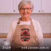 Фартух маестро м`яса, бежевий, на літній жінці, кухня, бренд Згадка.
