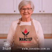 Фартух майстер вогню і м`яса, бежевий, на жінці з окулярами, бренд Згадка.