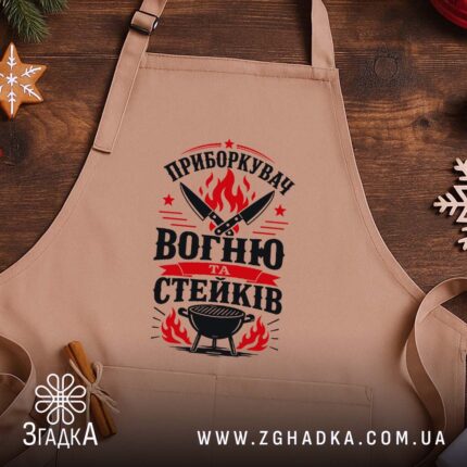 Фартух приборкувач вогню та стейків, бежевий, на дерев'яному фоні, бренд Згадка.