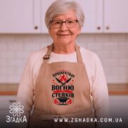 Фартух приборкувач вогню та стейків, бежевий, на жінці, кухня, бренд Згадка.