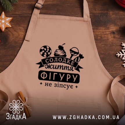 Фартух солодке життя фігуру не зіпсує, бежевий фон, дерев'яний стіл, бренд Згадка.