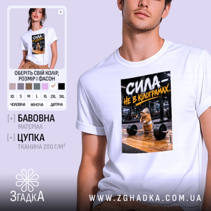 Футболка сила не в кілограмах, біла, на моделі, Згадка.