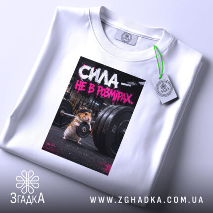 Футболка сила не в розмірах, складена, біла, з етикеткою, принт з хом'яком,.