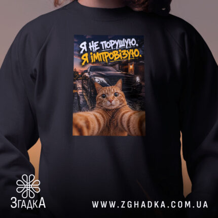 Світшот я не порушую, чорний, близький план, принт кота, бренд Згадка.