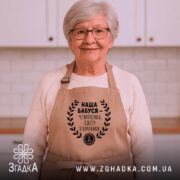 Фартух наша бабуся - бежевий фартух на бабусі, світлий фон, бренд Згадка.