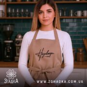 Фартух назавжди у серці, бежевий, на моделі з кухонним фоном, бренд Згадка.