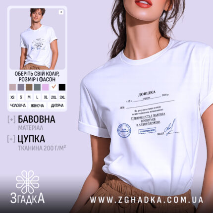 Футболка довідка психічне здоровʼя, біла, на моделі, принт на грудях, бренд Згадка.