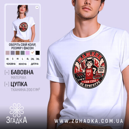 Футболка шашлик, біла, з принтом кота, бренд Згадка.