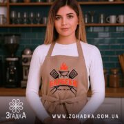 Фартух барбекю на моделі в кухні, стильний крій Згадка.
