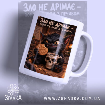 Чашка з принтом зло не дрімає, біла, з малюнком чорного монстра.