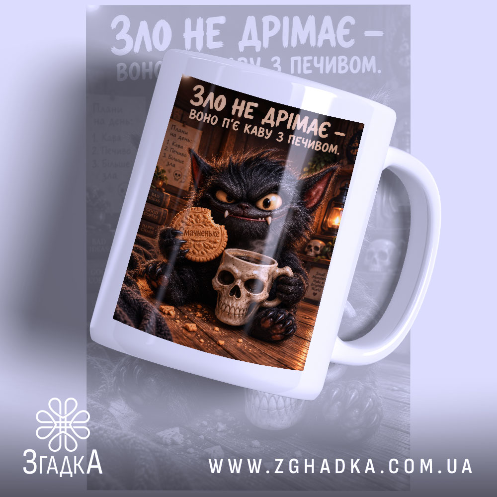 Чашка з принтом зло не дрімає, біла, з малюнком чорного монстра.