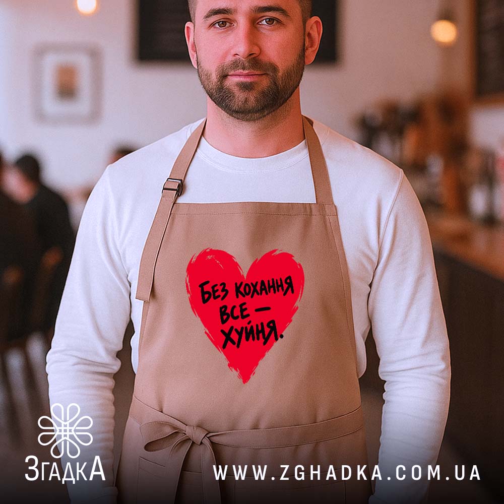 Фартух: бежевий, на чоловікові, кафе на фоні.