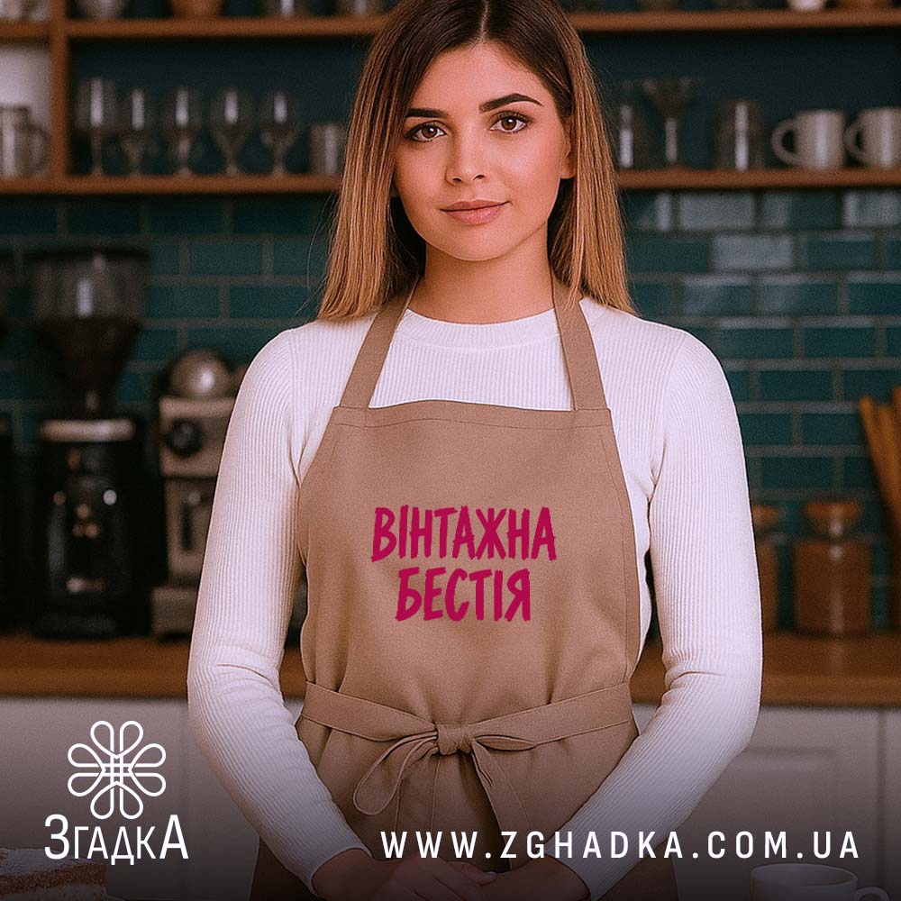 Фартух: бежевий, на дівчині, кухня на фоні.
