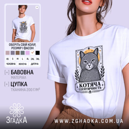 Футболка котяча ідентичність, головний вигляд товару, Згадка.