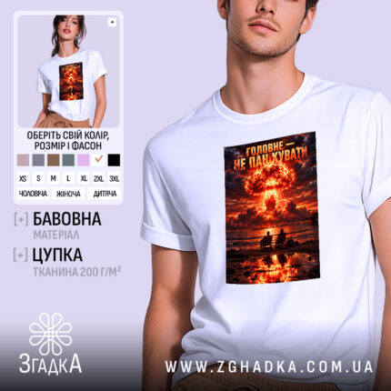 Футболка вибух головне не панікувати, головний вигляд товару, Згадка.