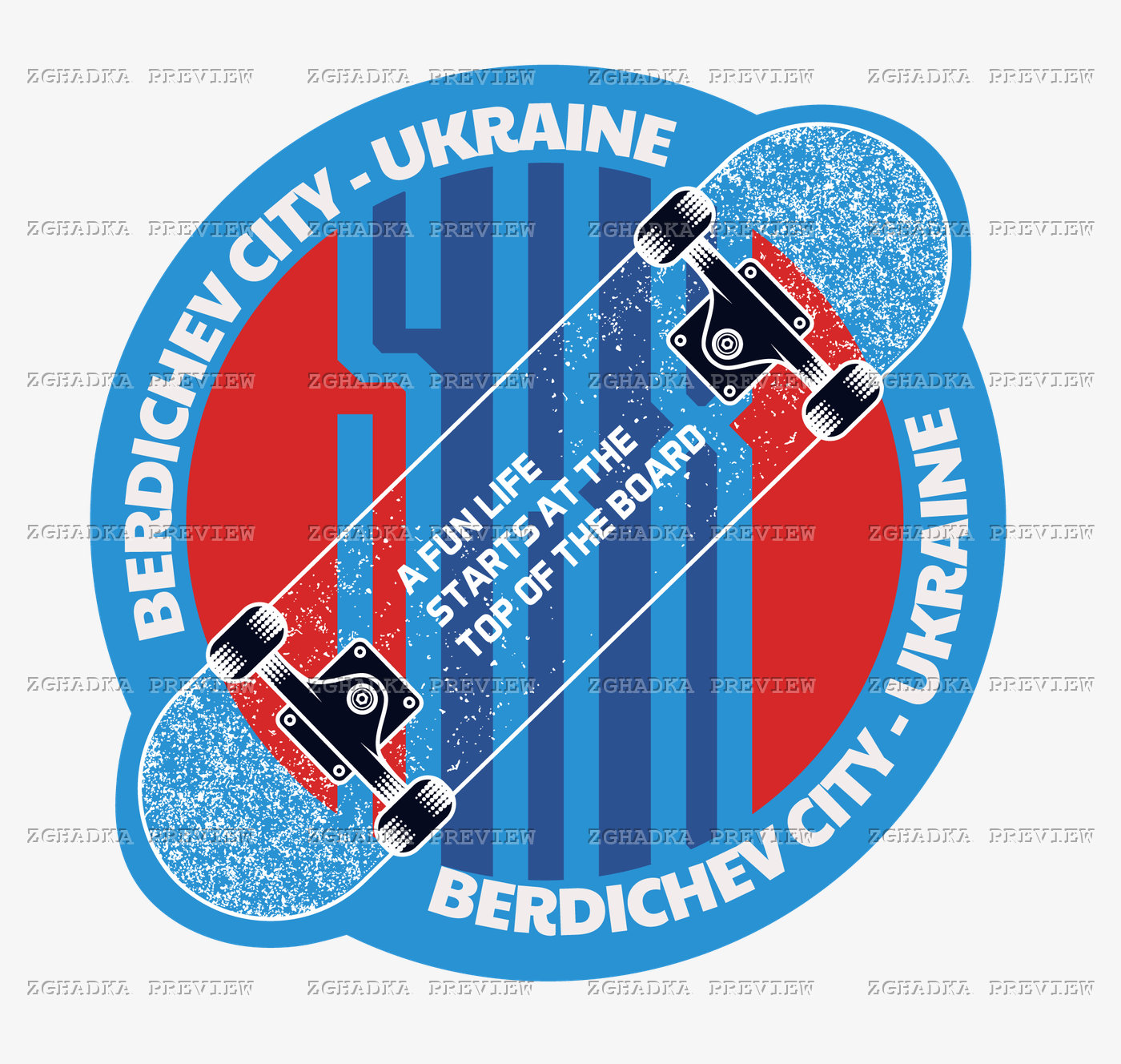 Синій скейтборд на червоно-блакитній емблемі з двома написами BERDICHEV CITY — UKRAINE
