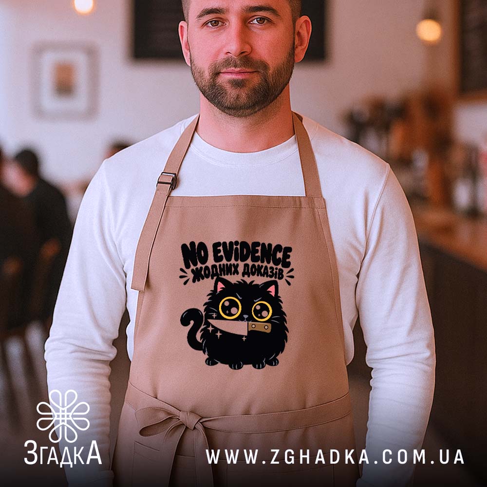 Фартух з мультяшним чорним котом і двомовною фразою «ЖОДНИХ ДОКАЗІВ / NO EVIDENCE» — фото 4.