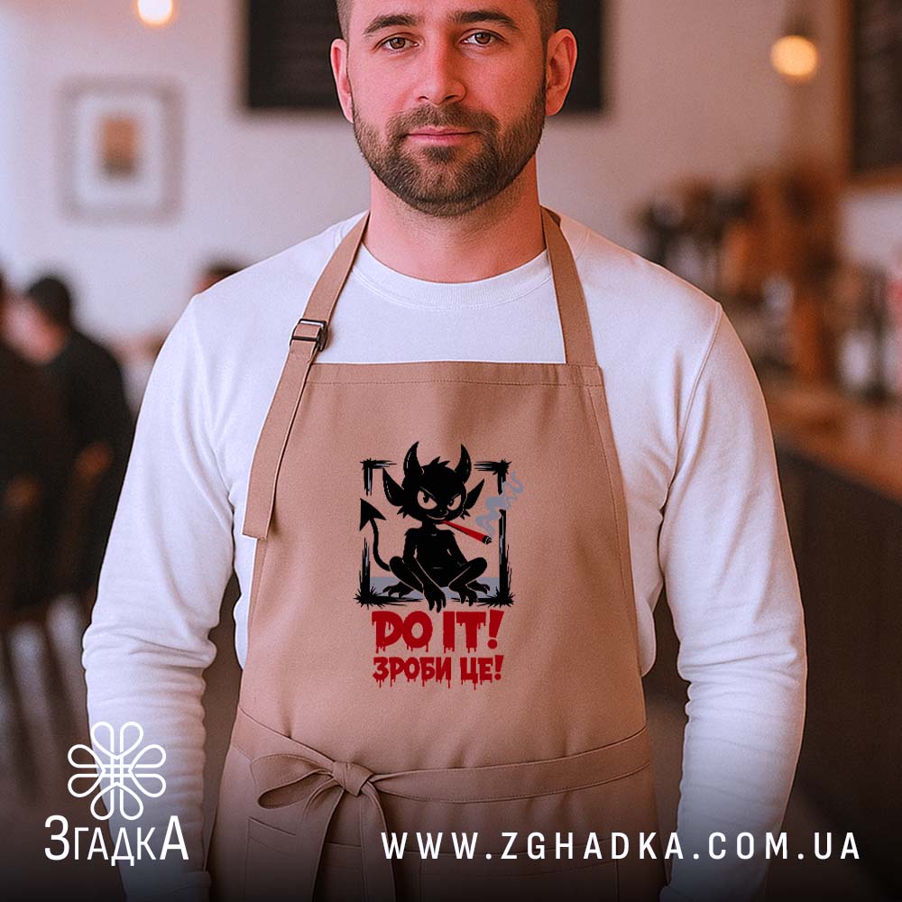 Фартух з мемним принтом DO IT! / ЗРОБИ ЦЕ!, рогатий герой із цигаркою та димом — фото 4.