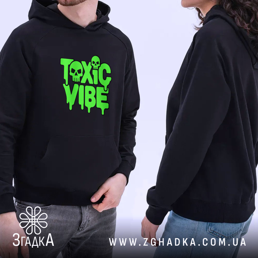 Худі з яскраво-зеленим текстом TOXIC VIBE та ефектом стікання фарби, зображення 3.