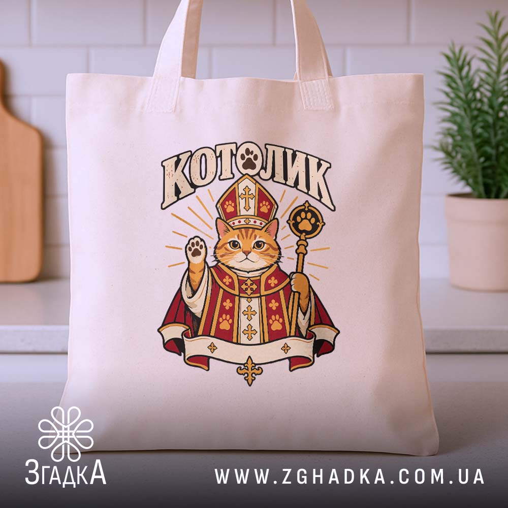 Шопер з ілюстрацією котолика у стилізованому церемоніальному вбранні й з посохом із лапкою, фото 3.